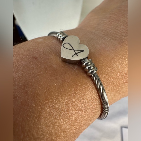 Silvertone coiled bracelet with heart initial A - Picture 2 of 3